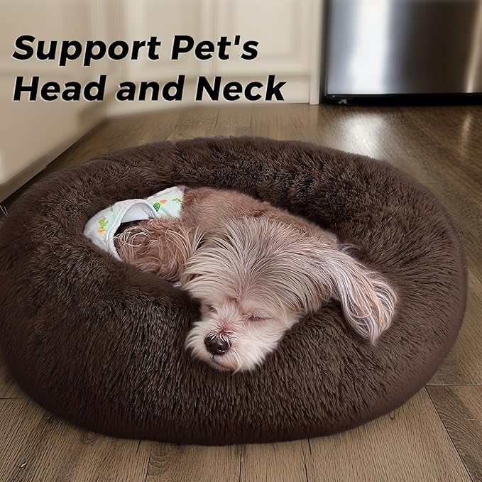 Calming Dog Bed & Cat Bed for Indoor Cats, Medium Size Washable Anti-Slip Anti-Anxiety Donut Dog Beds for Small Dogs & Cats, Fluffy Plush Cozy Round Dogs Beds(20 Inch, Dark Brown)