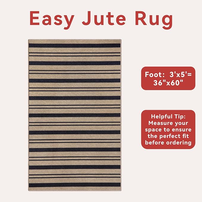Tangsoo Stripe Easy Jute Rug, Ultra Thin 3x5 Washable Area Rug