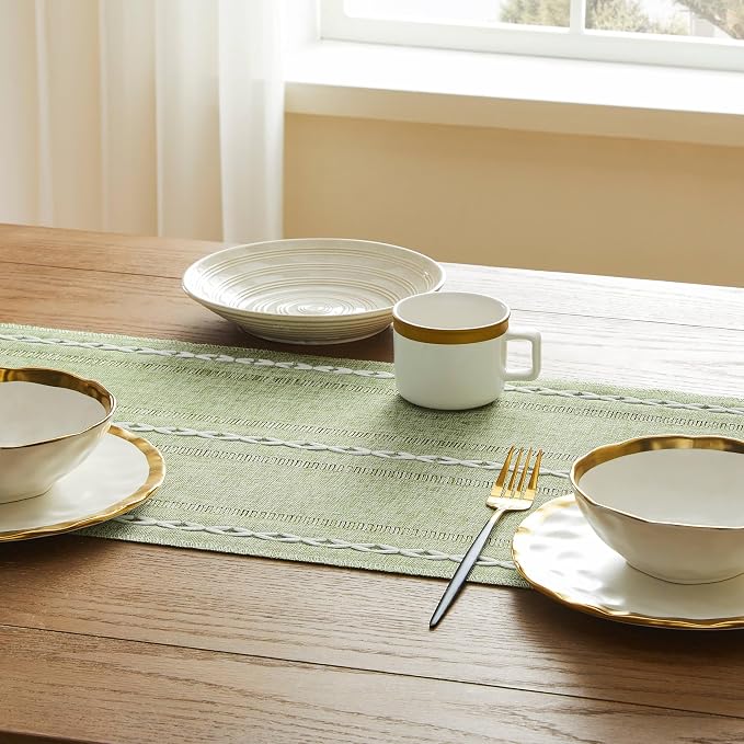 Hemstitched Farmhouse Table Runner, Sage Green 13x72 Inch, Cotton Linen Table