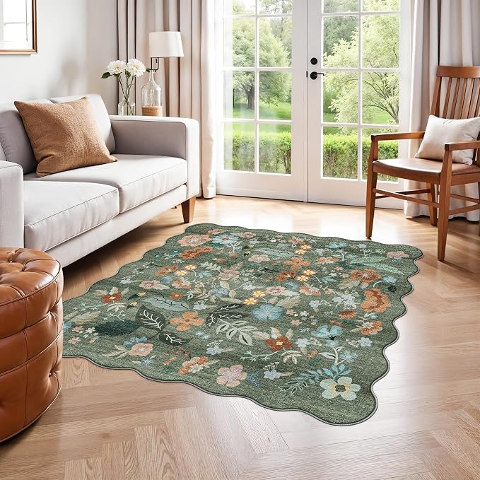 Floral Square Area Rug for Family: Washable 5x5 Scalloped Carpet for Living