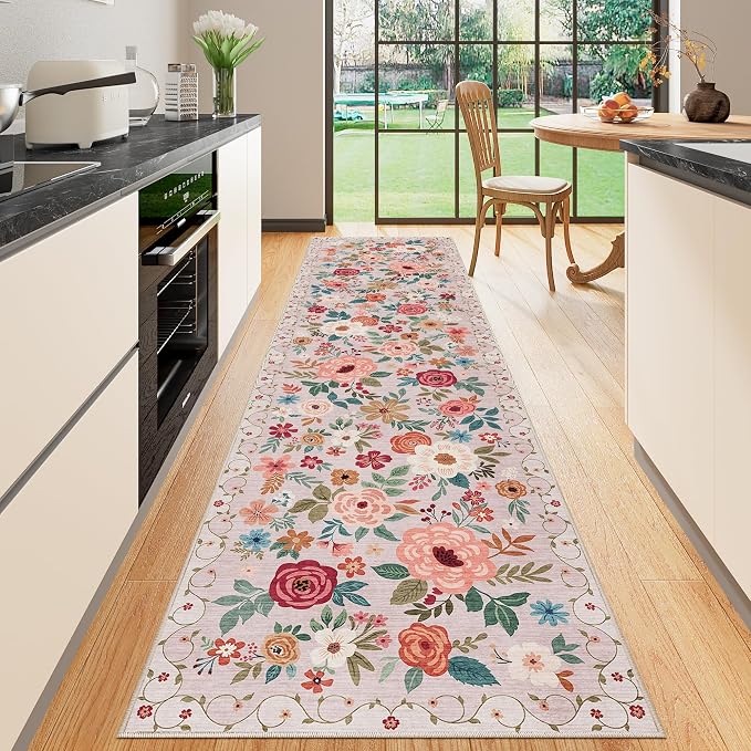 DUKINO Runner Rug for Hallway, 2.6x10 Washable Floral Long Kitchen Rug