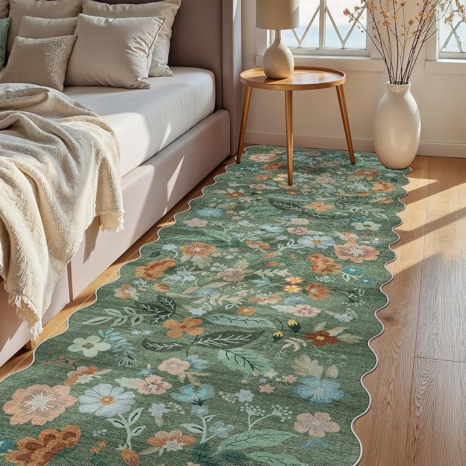 Washable 3x10 Hallway Runner Rug: Floral Scalloped Soft Runners