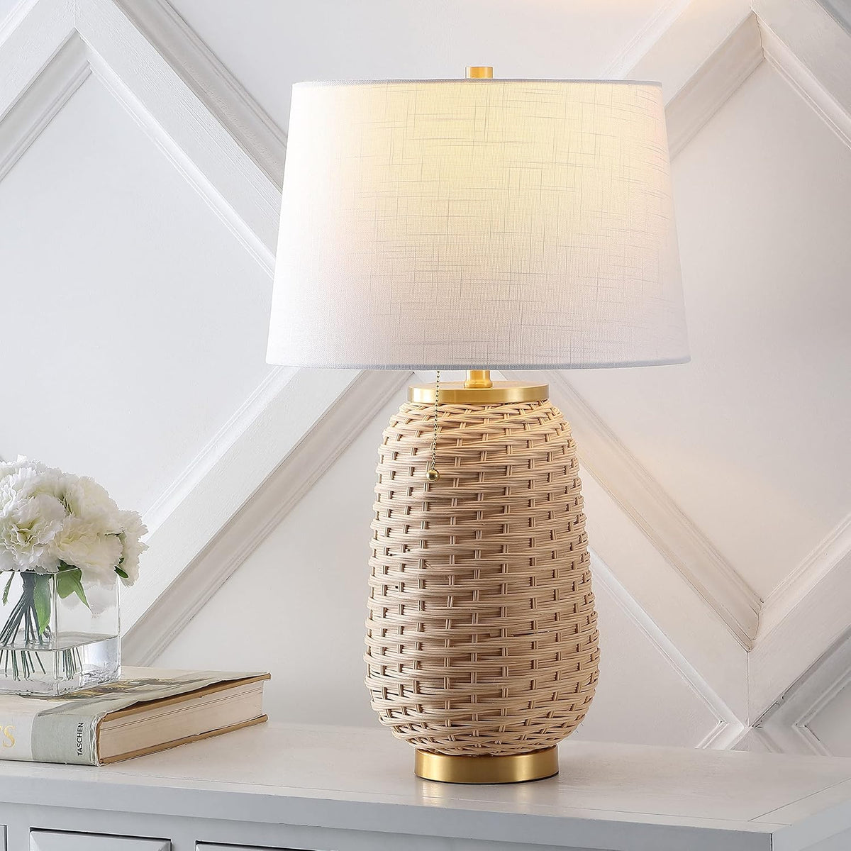 JONATHAN Y Chakrii Table Lamp 25" Pull Chain, Brass Gold/Light Brown