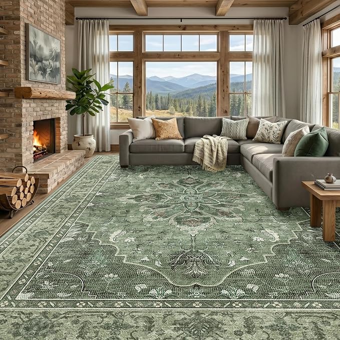 RELEANY Area Rugs Large 9'x12' Washable Non-Slip, Floral Vintage Distress