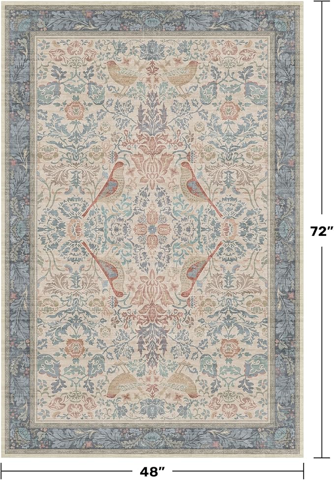 Boho Floral Bird Pattern 4x6 Large Mudroom Rug