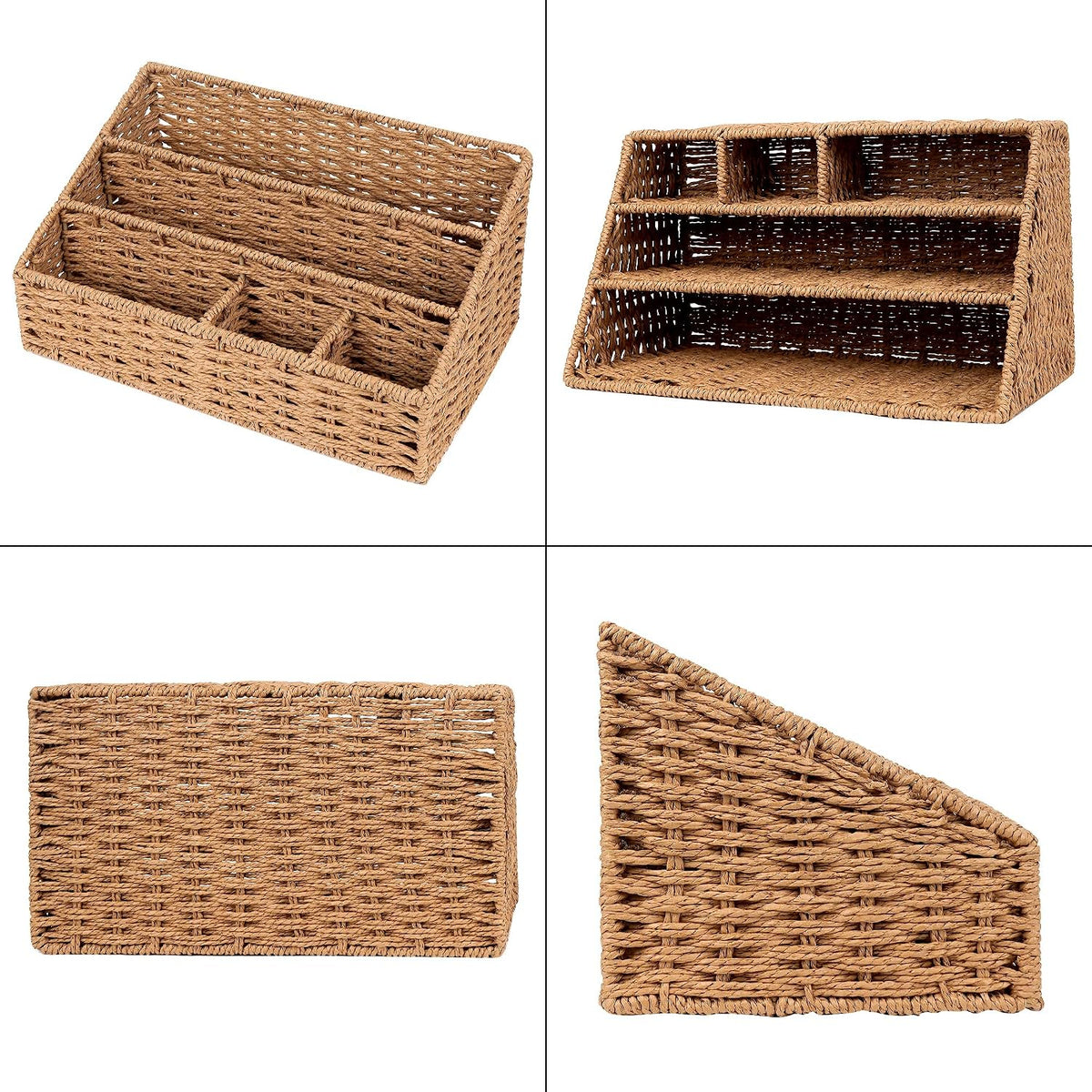 Woven Desk Organizer Basket with 5 Compartments, Rustic Paper Rope Mail Holder with Metal Frame, Storage Caddy for Bills, Pens & Office Essentials