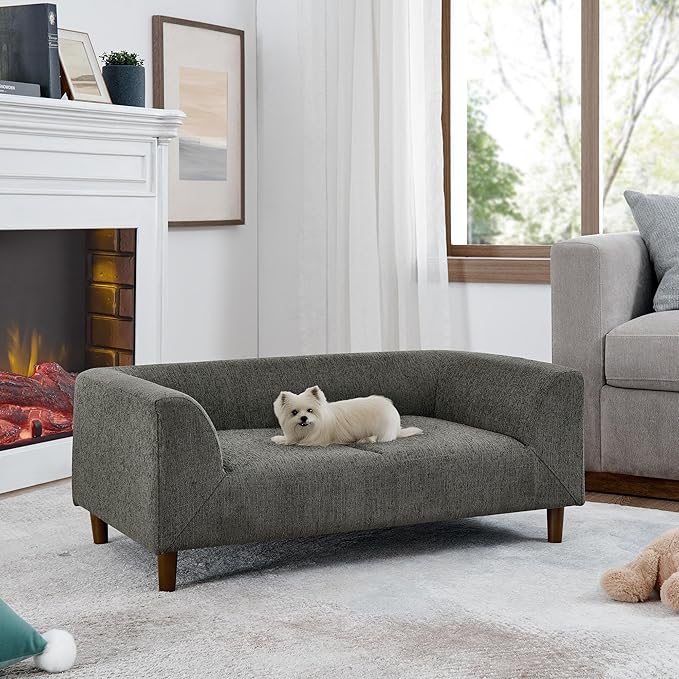 Elevated Dog Couch Bed for Medium Large Dogs, Modern Pet Sofa with Backrest & Armrest, Durable Dog Bed Sofa with Soft Cushion, Solid Wood Legs (Dark Grey)