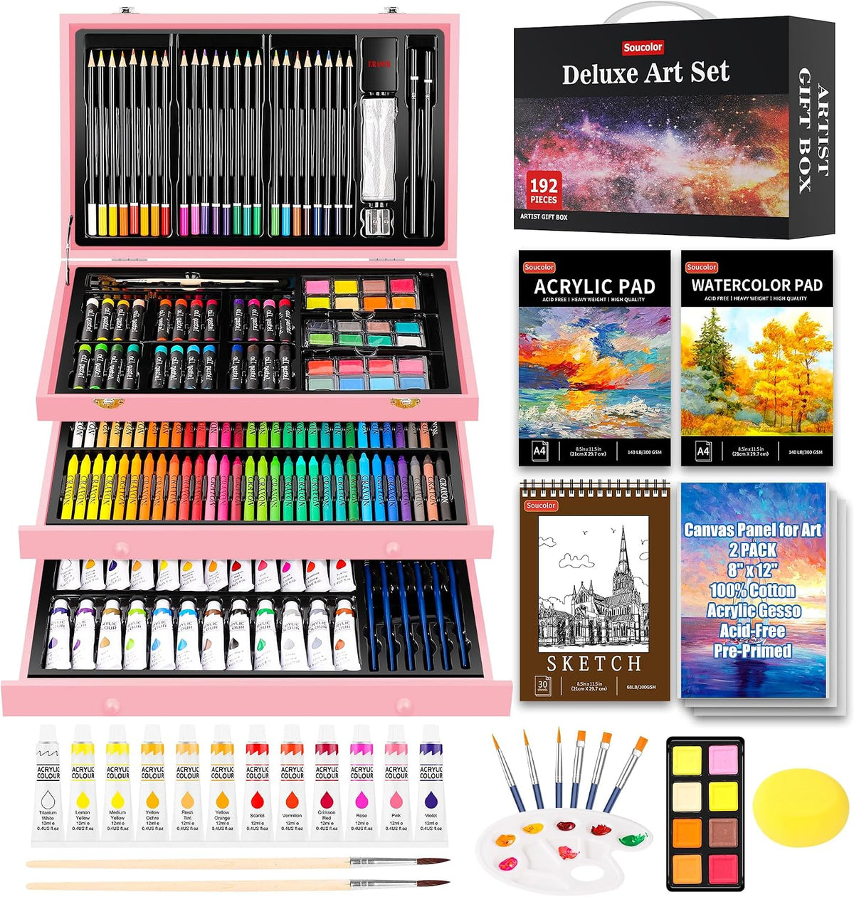 Soucolor 192-Pack Deluxe Art Supplies,Drawing Painting Sets,Teen Girl Gifts