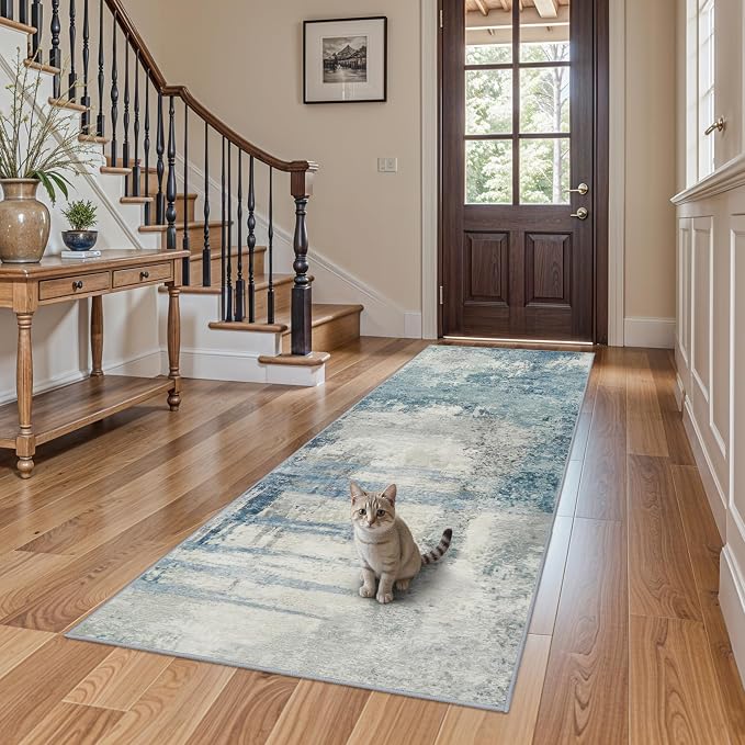 Blue Abstract 3x8 Washable Non Slip Hallway Runner Rug | Soft Low Pile Indoor