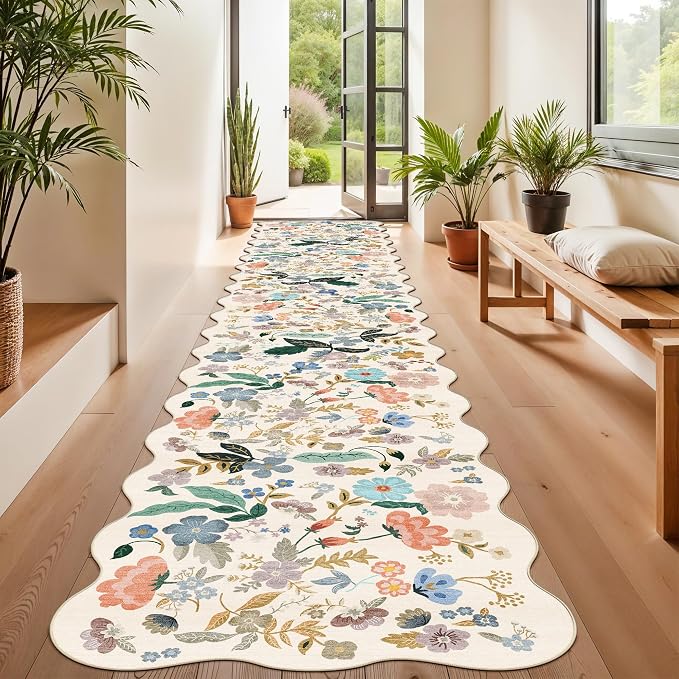 Hallway Floral 2'6x14 Runner Rugs: Washable Scalloped Soft Carpet