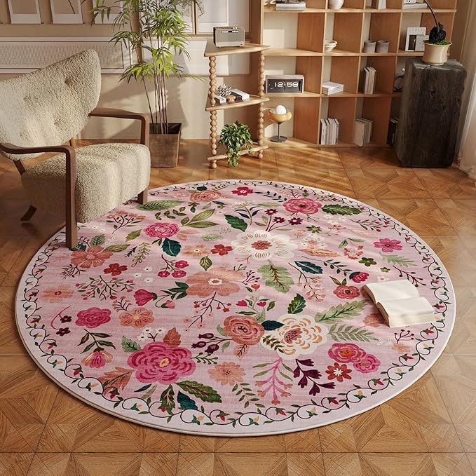 Rugcomf Round Rug 6ft Washable Circle Rug Non Slip Low Pile Boho Floral Small