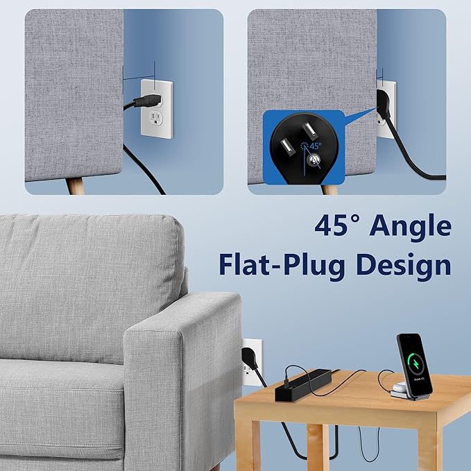 LIDER Outlet Extender with 3 Receptacles, USB Type-A and 2 USB Type-C Port, Ultra-Thin Flat-Plug with Cord Extender, 3-Outlet Power Strip, Slim Angled Design, UL-Listed, 5ft Cord, Black