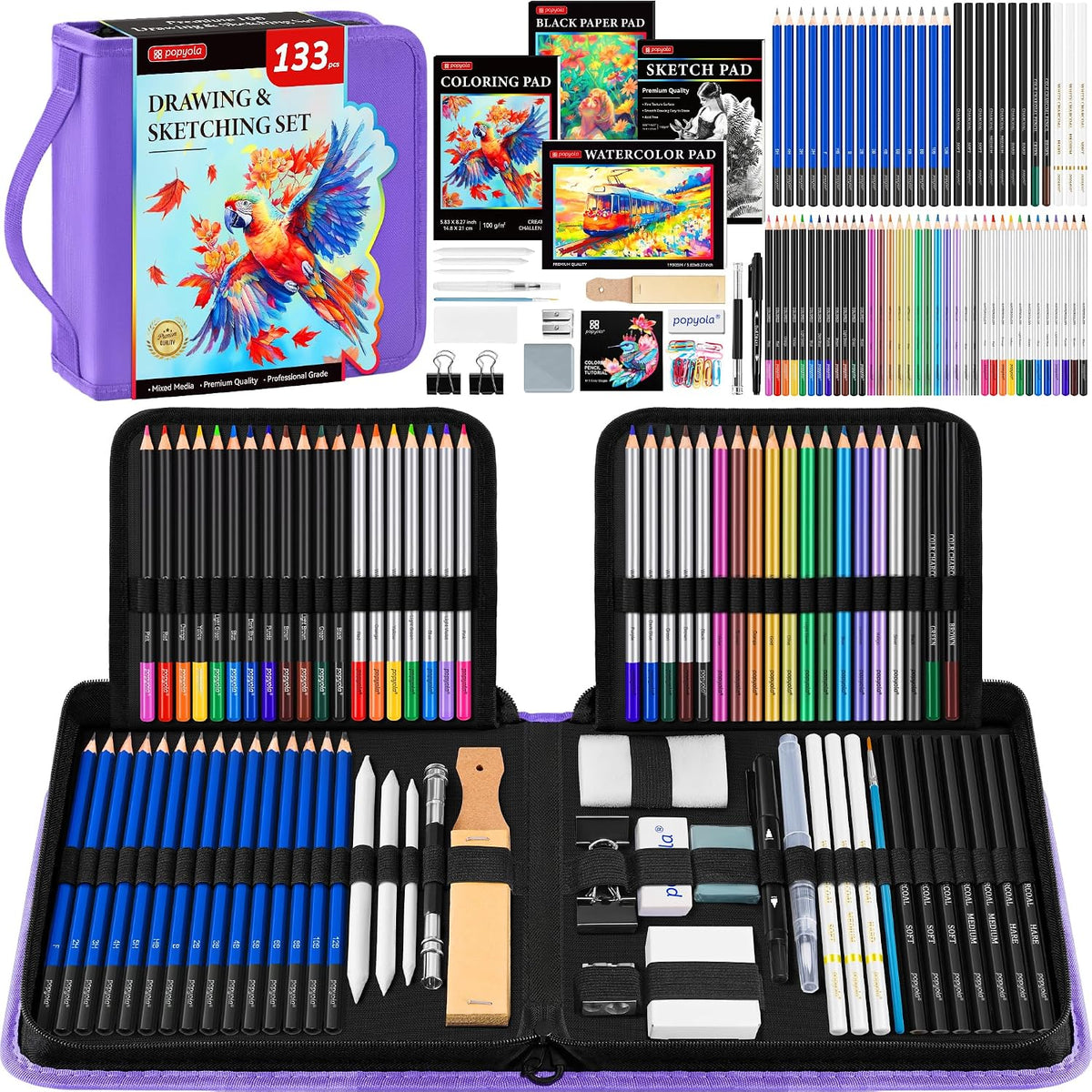 133 Pack Drawing Set Sketching Kit, Pro Art Supplies Sketch Pencils Set