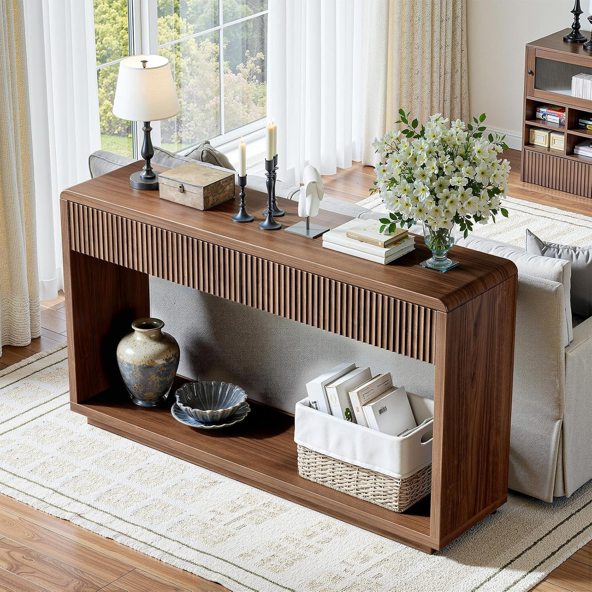 Evermagin 59'' Walnut Console Table with Drawers, Sofa Table with Storage