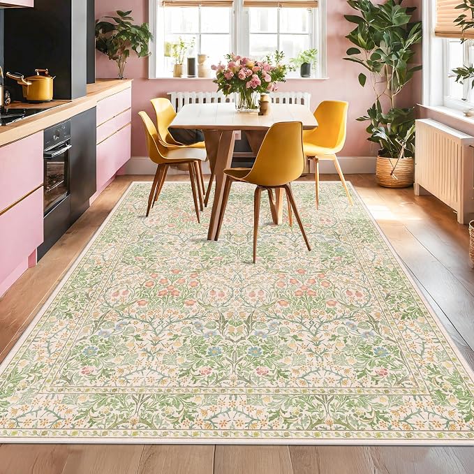 Hazo Haus Light Beige Green Floral Living Room Rug, 7x9 Washable Area Rug