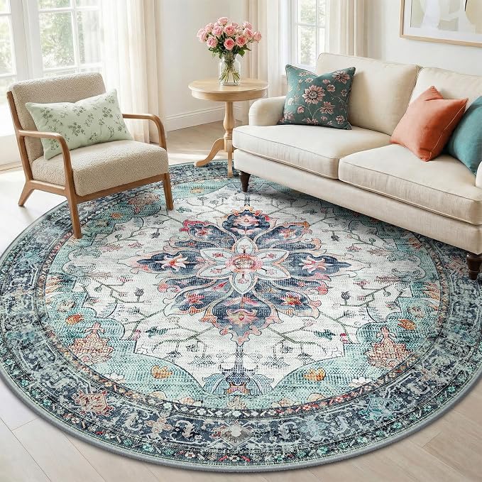 RELEANY Area Rugs Round 6ft Washable Non-Slip, Floral Vintage Distress