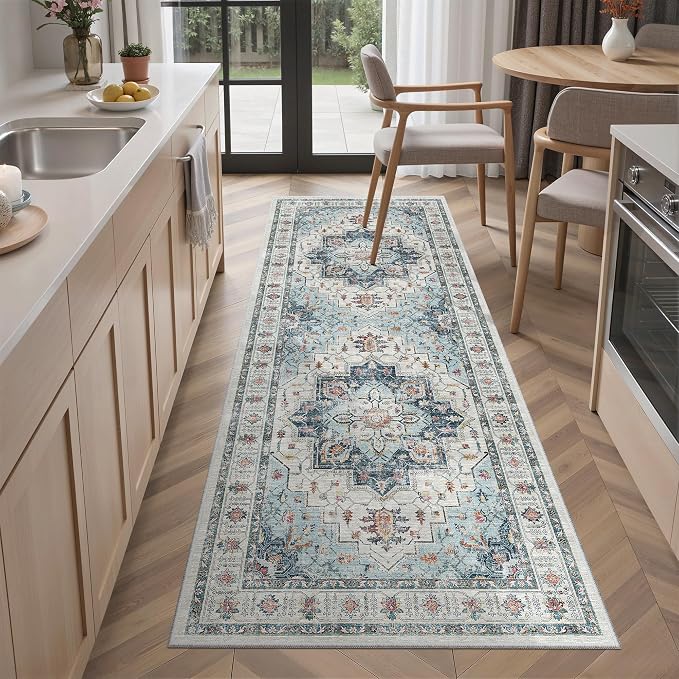 Madane Blue Runner Rug, Stain Resistant, Machine-Made, Microfiber, Living Room