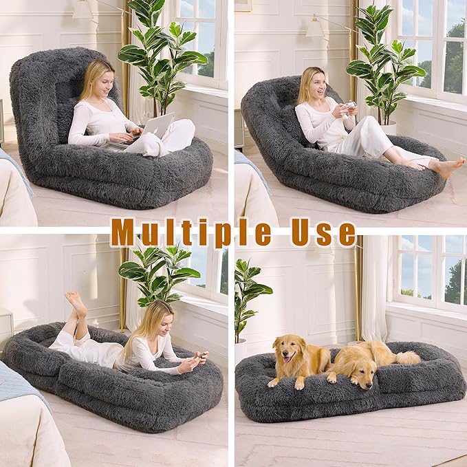 Adjustable 5-Position Human Dog Bed for People, Big Comfy Plush Floor Gaming Lazy Sofa Chair with Pillows & Back Support, Foldable Lounge Loveseat Couch for Living Room Bedroom (Dark Gray)