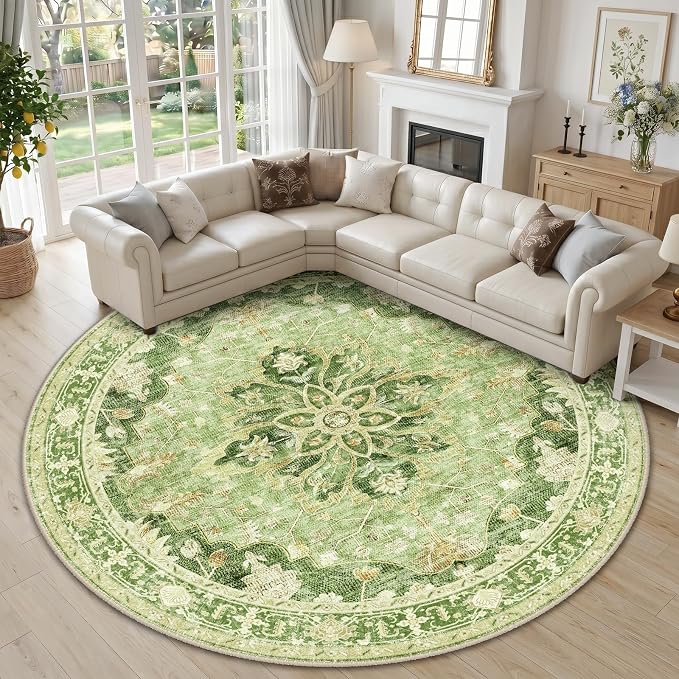 RELEANY Area Rugs Round 10ft Washable Non-Slip, Floral Vintage Distress