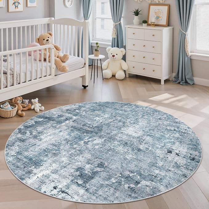 Soalmost 5x5 Blue/Grey Round Rug 5ft Living Room Circle Rug Vintage Round Area