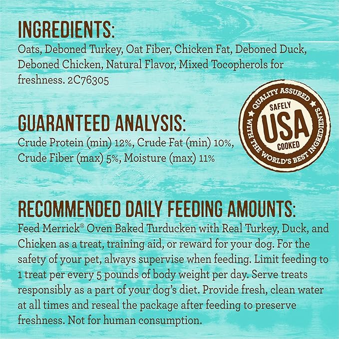 Merrick Oven Baked Natural And Crunchy Bag Of Treats, Turducken Recipe With Real Turkey, Duck, And Chicken - 11 oz. Bag