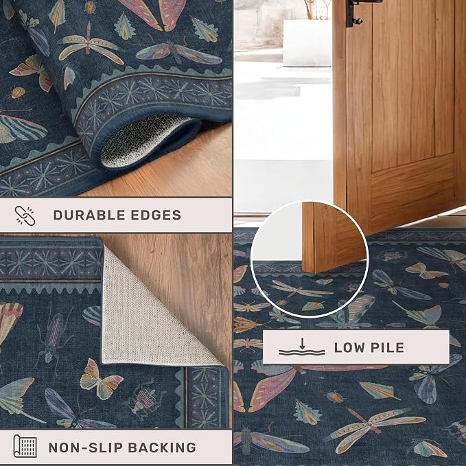 Dark Blue 2x3 Small Rugs for Bathroom Non Slip, Washable Vintage Boho Insect