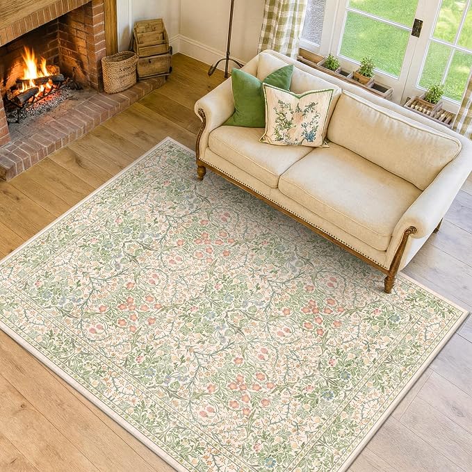 Hazo Haus Beige Green Bedroom Rug 5x7 Area Rug