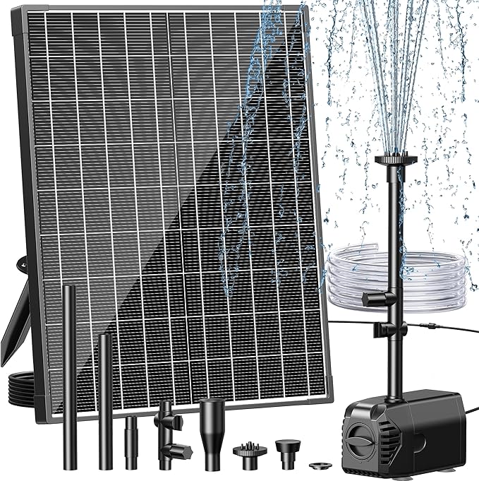 Biling 20W Solar Fountain Pump, 320 GPH Solar Pond Fountain Adjustable Flow, Dry-run Protection, 6.6 FT Tubing for Outdoor Garden Small Pond