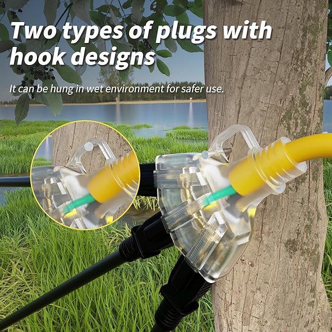 3 FT 12/3 Gauge Outdoor Extension Cord with Multiple Outlets Light Indicator, Flexible 3 Outlet Weatherproof Heavy Duty Extension Cord Waterproof Yellow, 15A 1875W 12AWG SJTW, ETL Listed