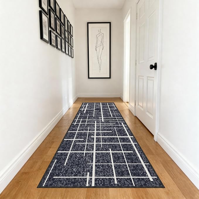 Modern Kitchen Runner Rug Non Slip 2.6x8, Washable Distressed Stripe, Hallway
