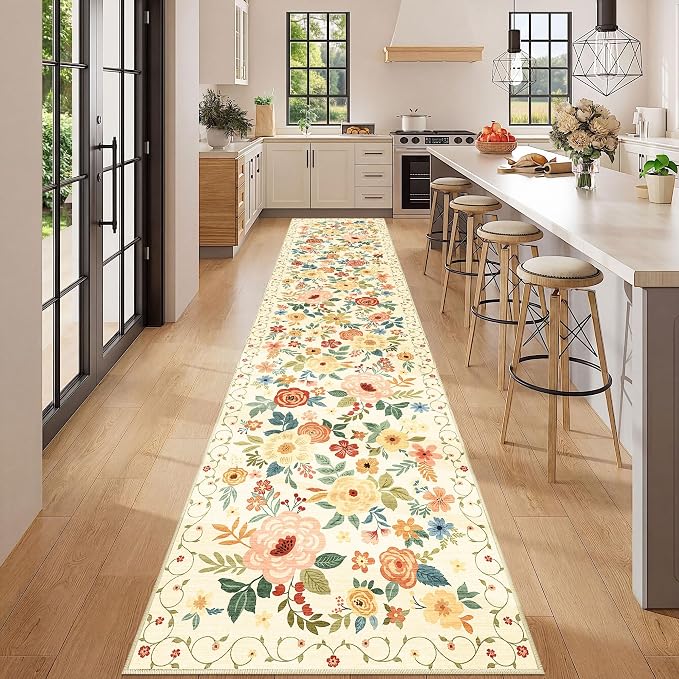 DUKINO 2.6x12 Kitchen Runner Rug, Lightweight Floral Washable Rug
