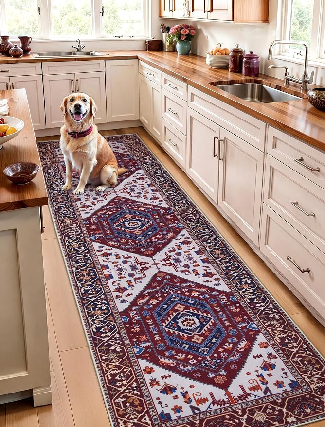 SERISSA Runner Rug for Hallways, Long Boho Rug Vintage Burgundy Navy Hallway