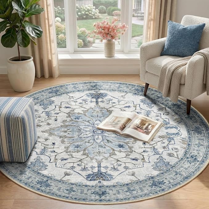 RELEANY Area Rugs Round 4ft Washable Non-Slip, Floral Vintage Distress