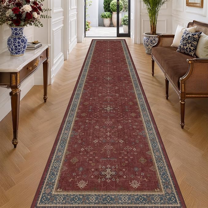Hazo Haus Boho Washable 3x16 Extra Long Hallway Runner Rug, Burgundy Waterproof