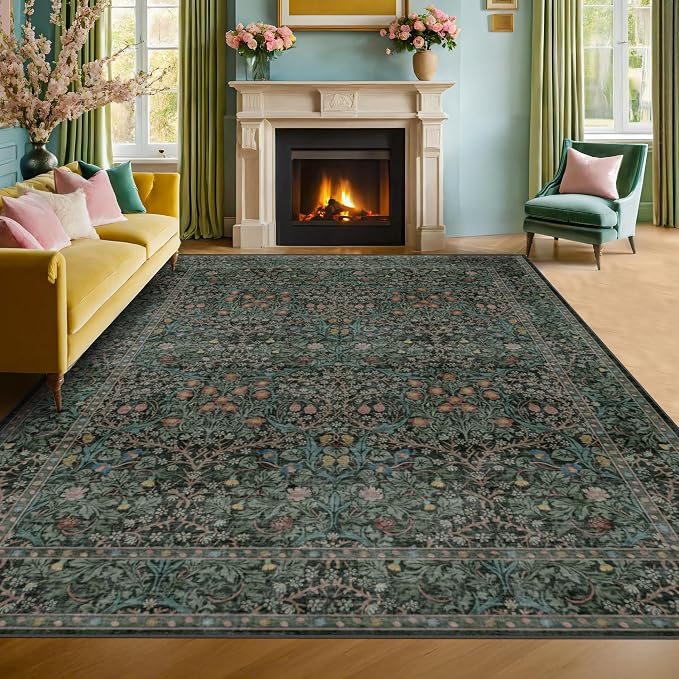 Vintage Washable Dark Green 10x14 Rug