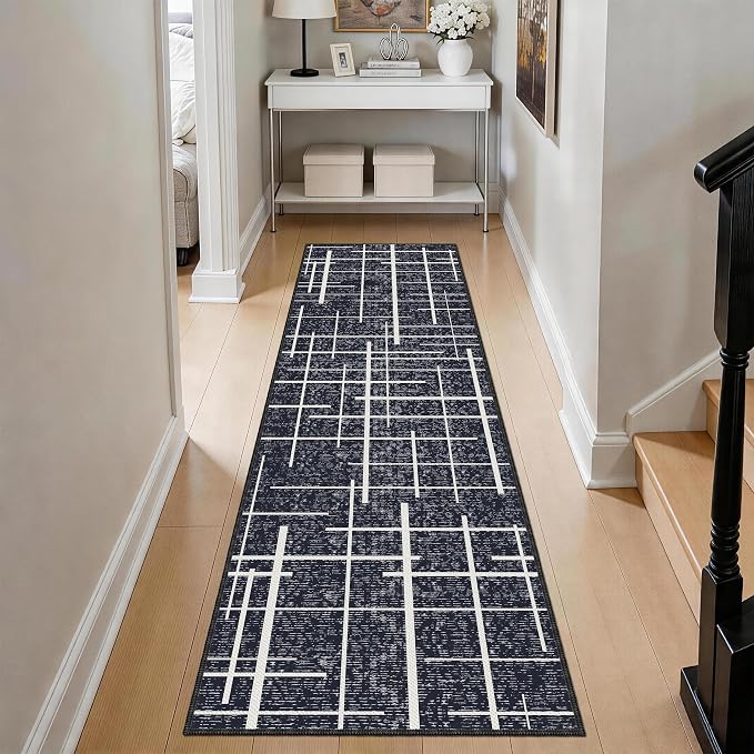 Non Slip Hallway Runner Rug 2x8, Modern Distressed Stripe, Washable Long Rug