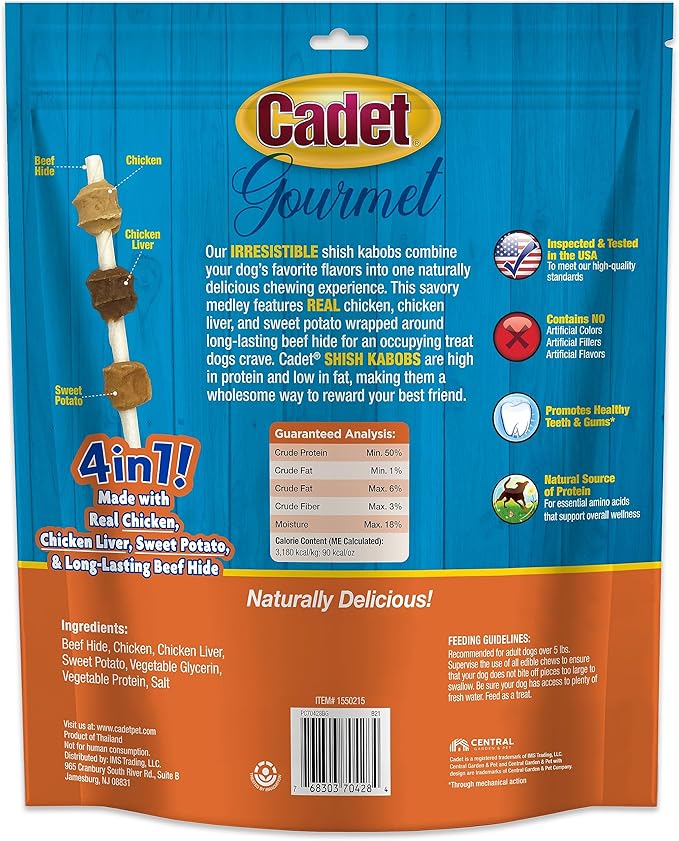Cadet Gourmet Shish Kabob Dog Chews for Small Dogs, Rawhide Treats with Chicken, Duck and Sweet Potato, Healthy & Natural Beef Hide, 5-Inch Sticks, 24 oz