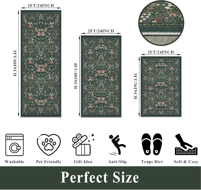 3 Piece Kitchen Rug Set, Washable Non-Slip Kitchen Mats