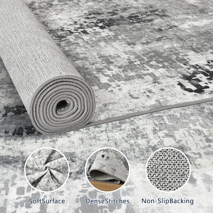 Living Room Rug 9x11 Gray Area Rugs Machine Washable Abstract Boho Large Rug