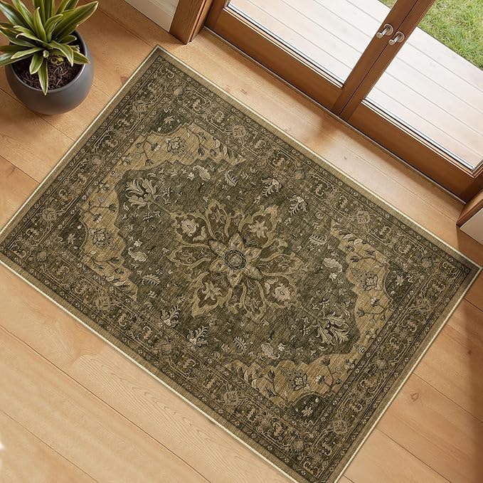 RELEANY Area Rugs Small 2'x4' Washable Non-Slip, Floral Vintage Distress