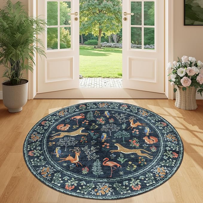 DUKINO 4ft Round Rug, Washable Round Area Rug, Non Slip Indoor Low Pile Animal