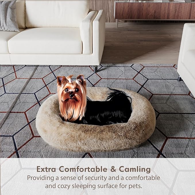 Medium Sized Orthopedic Dog Beds, Donut Calming Pet Beds with Comfort Foam Support, Fluffy Non-Slip Couch for Dog and Cat, with Washable and Indestructible Cover, 32 Inches, Beige