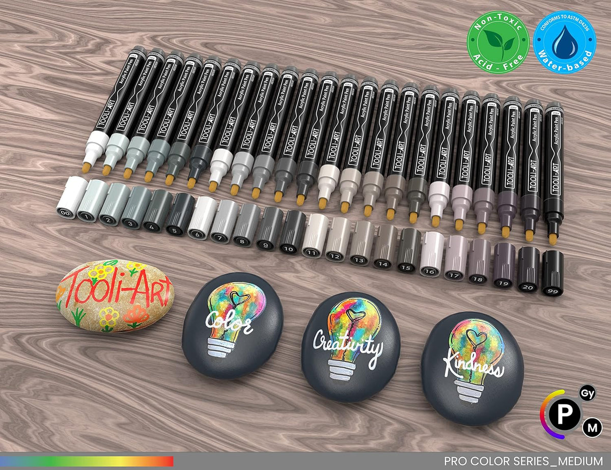 TOOLI-ART 22 Acrylic Paint Markers Paint Pens Pro Color Series Set 3mm Medium Tip for Rock Painting, Glass, Mugs, Wood, Metal, Glass Paint, Canvas, DIY. Non Toxic, Waterbased, Quick Drying (GRAYS)