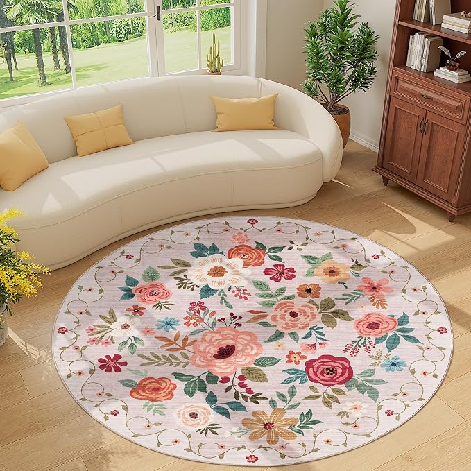 DUKINO Floral Round Rug, 6ft Washable Circle Rug, Non Slip Indoor Low Pile