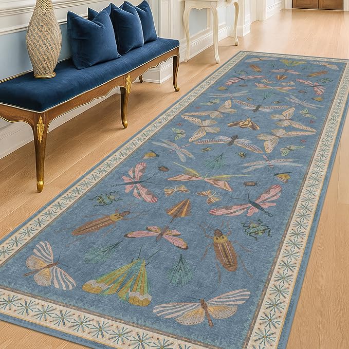 Blue Insect 2'6'' Wide 8' Long Hallway Runner Rug