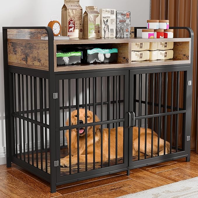 Large Furniture Dog Crate, Dog Kennel Indoor, Wood Dog Cage Table with Drawers Storage, Heavy Duty Dog Crate, Jaula para Perros, Sturdy Metal, 40.5" L×23.6" W×35.4" H, Rustic Brwon