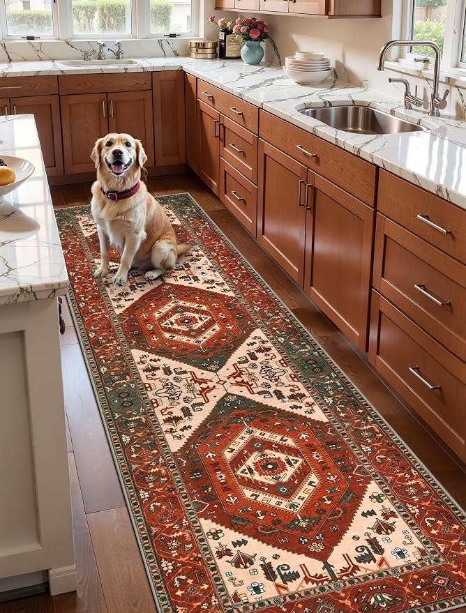 SERISSA Runner Rug for Hallways, Long Boho Rug Vintage Terracotta Green Hallway
