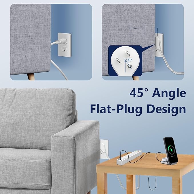 LIDER Outlet Extender with 4 Receptacles, USB-A and 2 USB-C, Ultra-Thin Flat-Plug with Cord Extender, 4-Outlet Power Strip, Slim Angled Design, Surge Protector, 1500 Joules, 5ft Cord, UL-Listed, White