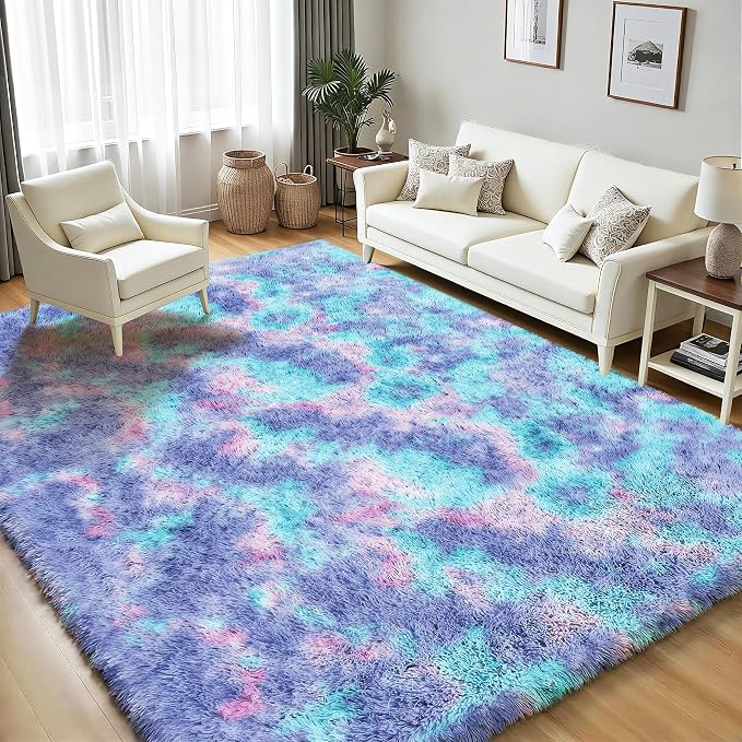 Rainbow Fluffy Rugs for Girls Bedroom: 5x7 Large Shag High Pile Area Rug