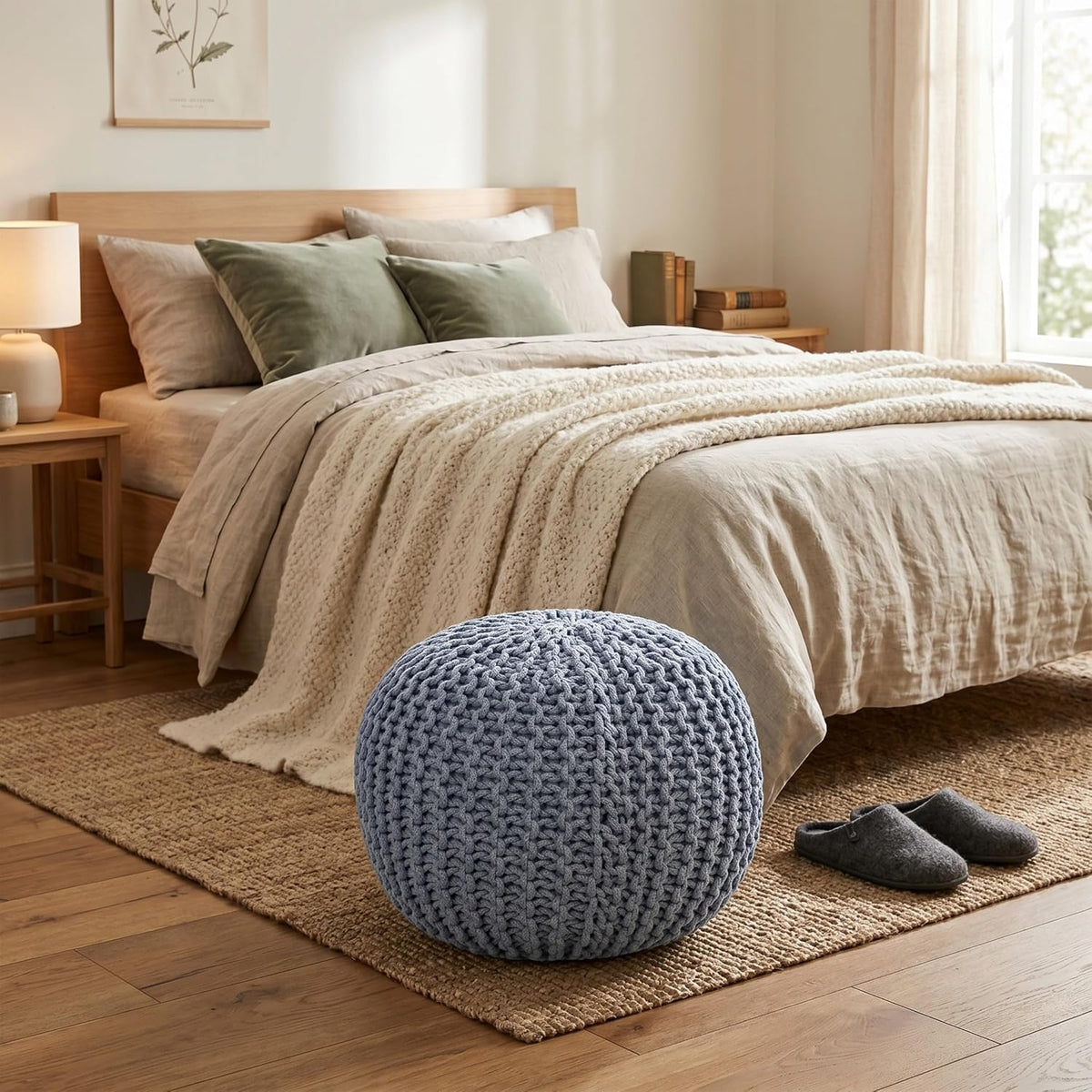 BIRDROCK HOME Round Pouf Ottoman Foot Rest, Soft Blue, 18.5”x18.5”x15”